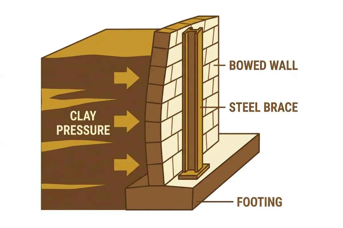 Cutaway diagram: lateral clay pressure on a Topeka basement wall with interior restraint