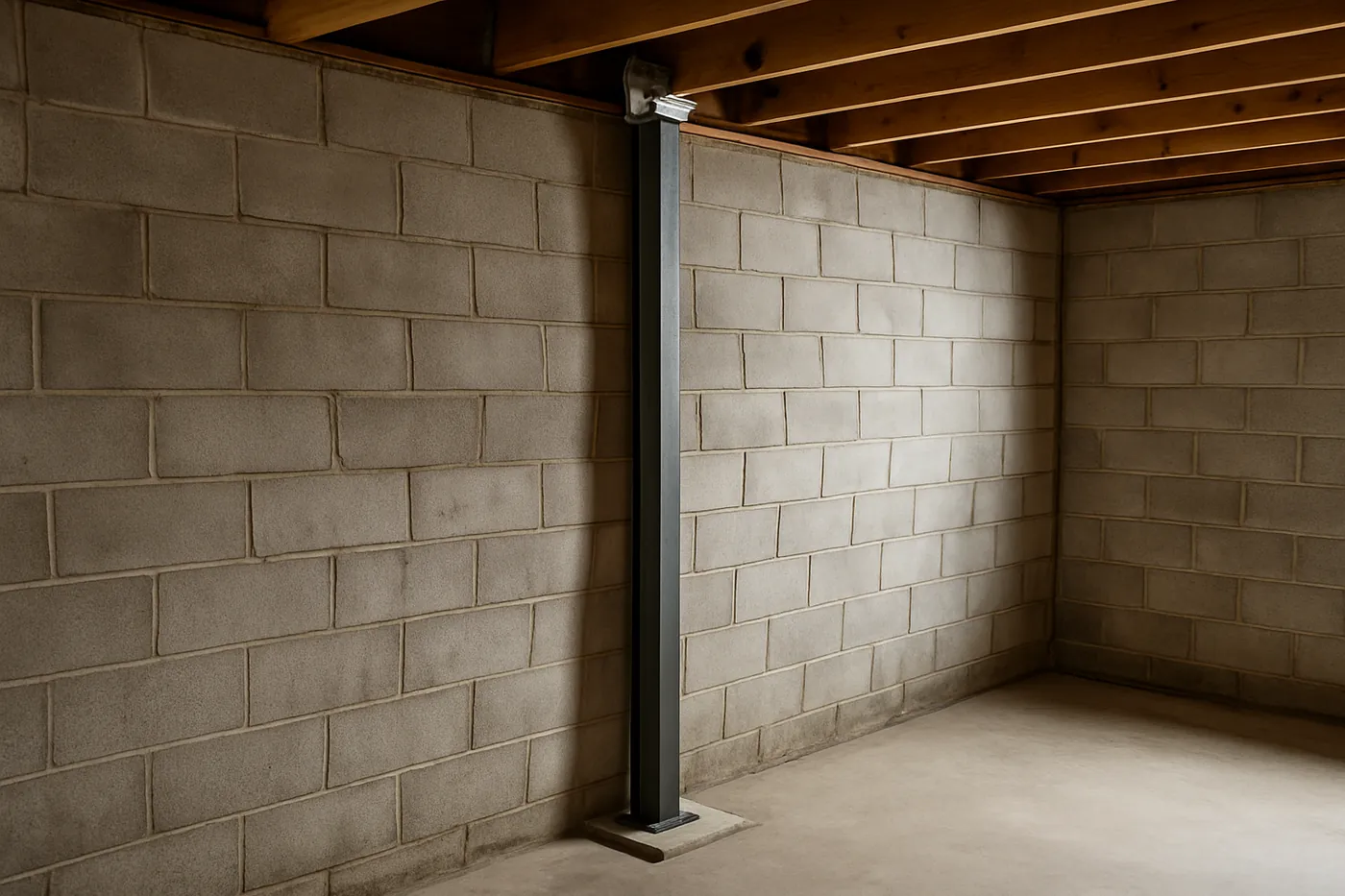 Steel brace installed against a bowing basement wall in Shawnee County